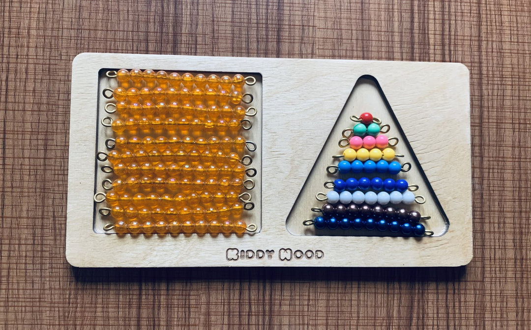 Montessori tens and units bead set with tray - natural wood - non-toxic - handmade لوحة سلم الخرز + خرز العشرات