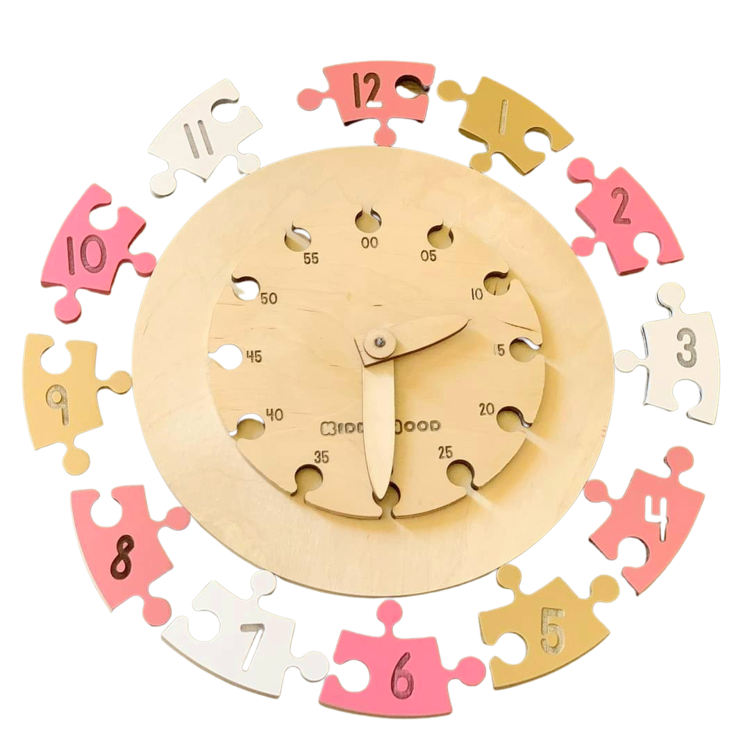 Learning Time Clock - Wooden Puzzle - laser art - non-toxic - natural wood - ROSE-GOLD