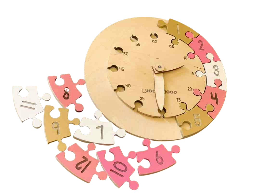 Learning Time Clock - Wooden Puzzle - laser art - non-toxic - natural wood - ROSE-GOLD  -  بازل ساعة انجليزي