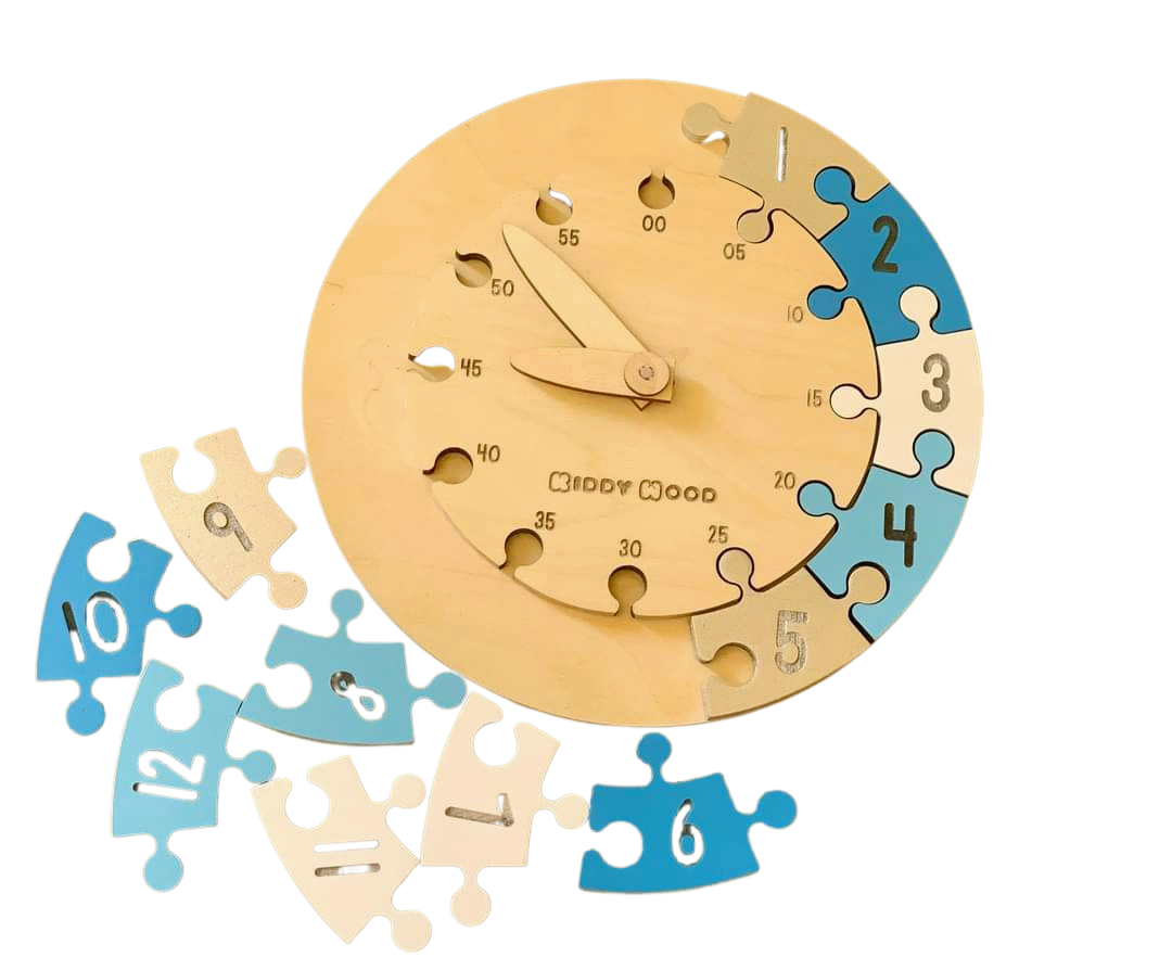Learning Time Clock - Wooden Puzzle - laser art - non-toxic - natural wood - SILVER-BLUE