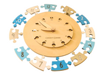 Load image into Gallery viewer, Learning Time Clock - Wooden Puzzle - laser art - non-toxic - natural wood - SILVER-BLUE  -  بازل ساعة انجليزي

