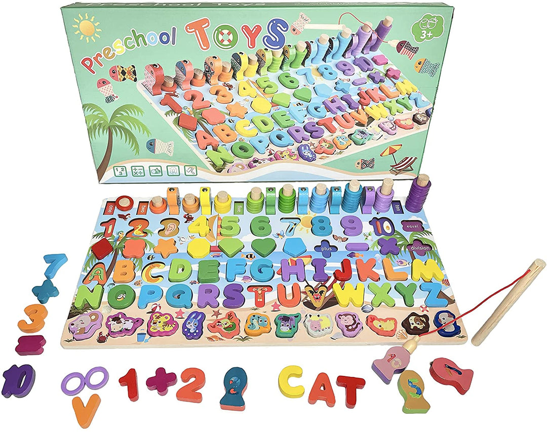 Wooden board of numbers and letters with a counter, puzzle, and fishing - لوحة أرقام و حروف مع عداد و بازل و صيد سمك