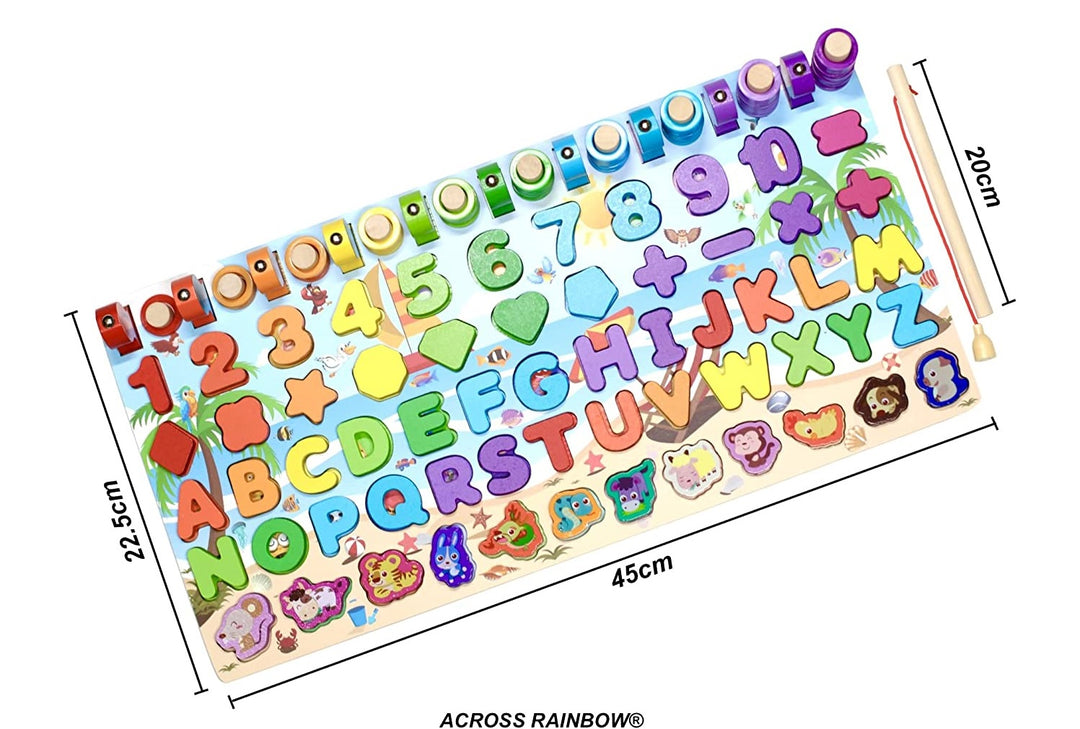Wooden board of numbers and letters with a counter, puzzle, and fishing - لوحة أرقام و حروف مع عداد و بازل و صيد سمك